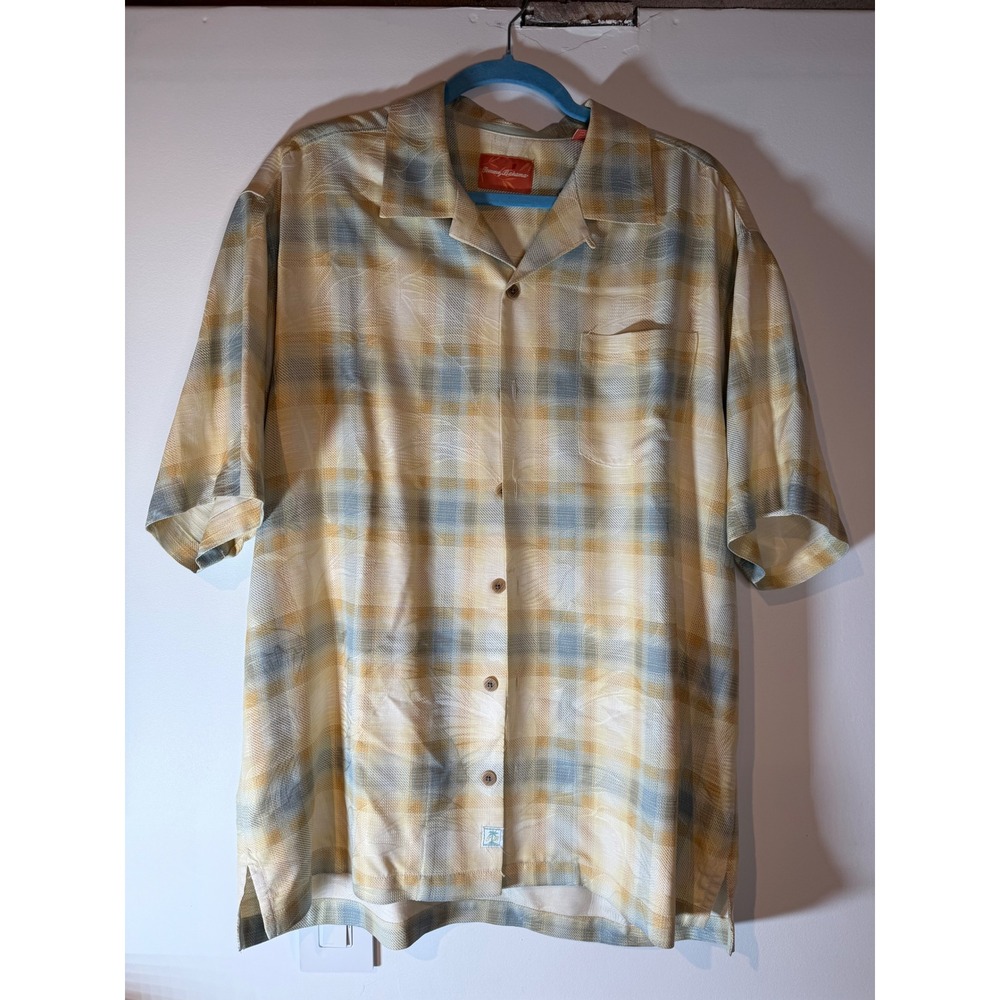 Tommy Bahama Mens Large 100% Silk Plaid Jacquard Camp Shirt‎ Gold Blue L/S